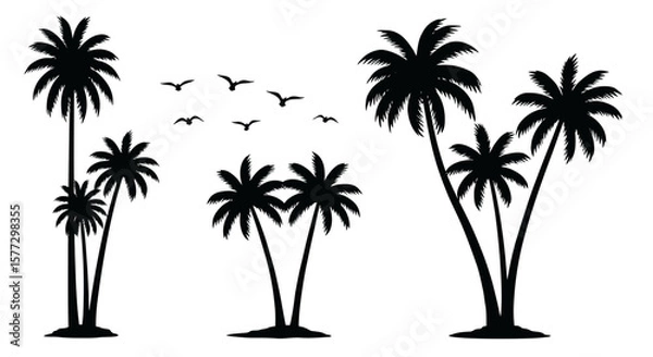 Fototapeta Black palm trees set, isolated on white background, Palm silhouettes, Design of palm trees for posters, banners and promotional items. Vector illustration
