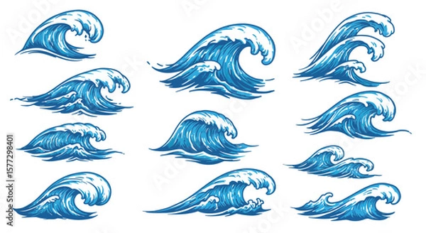 Fototapeta Water wave line art set. Wave beach vector symbol or logo design collection. Abstract water waves see blue vector design elements.
