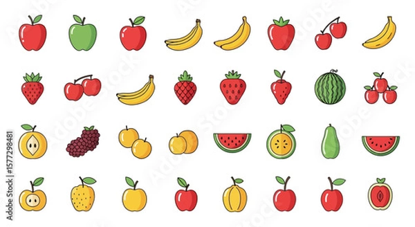 Fototapeta this delightful collection of vector fruit icons features a range of vibrant and fresh designs, including popular fruits like apples, bananas, strawberries, watermelons, and more.