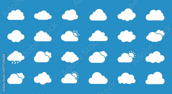 Fototapeta cartoon 3d clouds. cumulus bubbled clouds in kids style, white fluffy render objects, rounded geometric cloudy shapes, cute weather element, meteorology icons, cloudscape isolated vector set