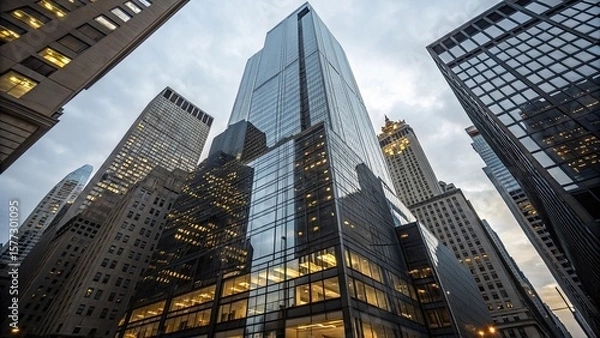 Fototapeta Office skysraper in the sun, Modern skyscrapers in Midtown Manhattan, Office building top view background in retro style colors. Manhattan buildings of New York City center - Wall street