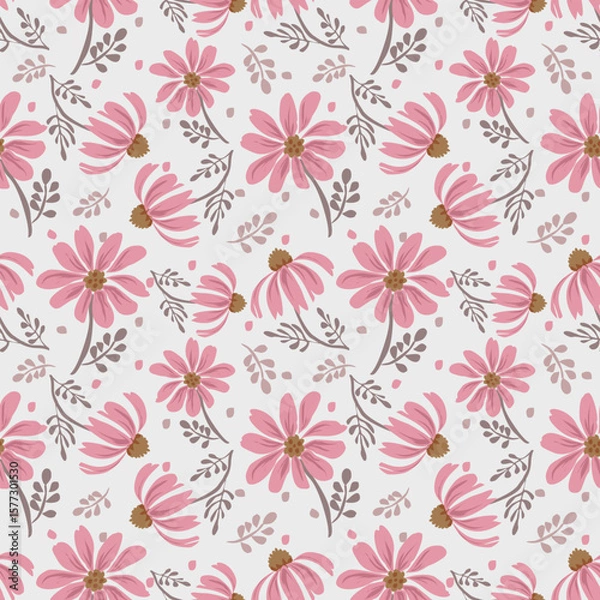 Fototapeta A lively pattern of pink coneflowers and foliage on a light pink background, perfect for textiles and fabric design.
