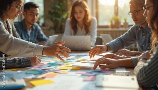 Obraz Diverse professionals collaborating on strategy during brainstorming session