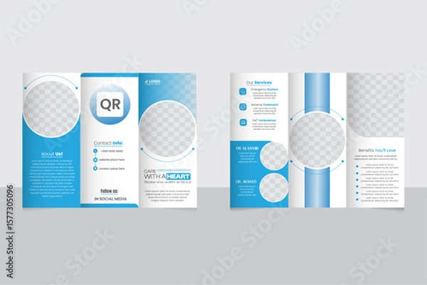 Fototapeta Modern trifold medical brochure design template with a circle-type elliptical blue shape