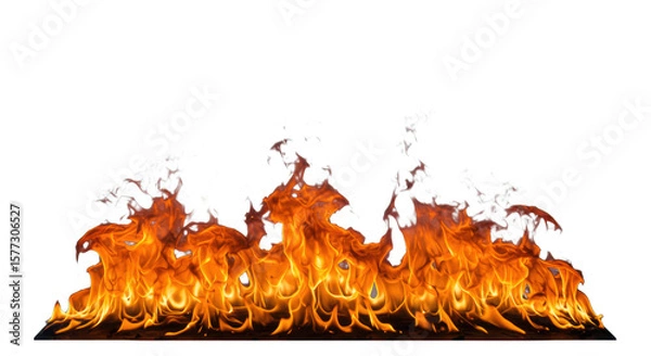 Fototapeta Roaring horizontal orange and yellow flames with clear contours, dancing sparks, and light smoke, isolated on a clean white background with no shadows, studio lighting, concept of intense energy and
