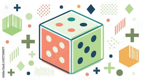 Fototapeta Isometric die with colorful dots surrounded by geometric shapes on a white background design style