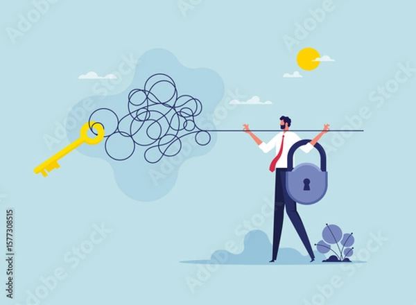 Fototapeta Find way out of difficult situation or solution to problem concept, find key to solve problem, secret key to achieve heights in business, businessman finds the right key