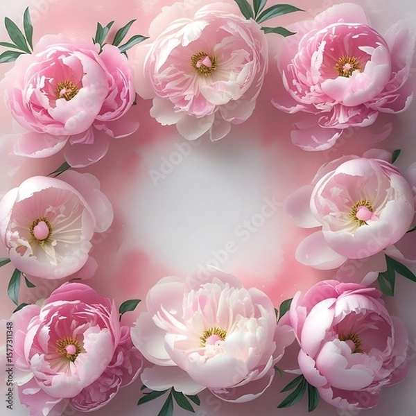 Obraz Pink Peony Floral Arrangement: A delicate circle of pink peony blossoms, arranged around an open space, offers a soft, romantic visual with a touch of fresh beauty. 
