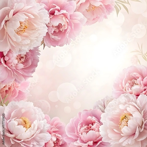 Obraz Floral Flourish: An artistic arrangement of delicate, pastel-pink peony blooms, their soft petals framing a luminous, bokeh-filled space, perfect for adding a touch of natural elegance.