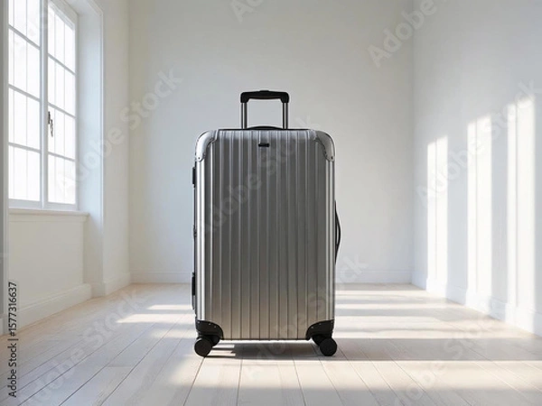 Fototapeta Suitcase stands in the middle of an empty room with new renovations, buying an apartment, new life