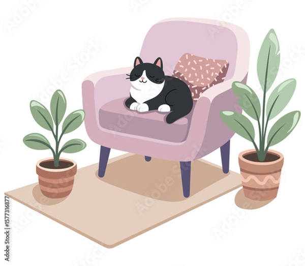 Fototapeta Flat vector illustration of a cute black and white cat sleeping on a pastel armchair with plants and rug in cozy interior. Calm and minimalist home scene.