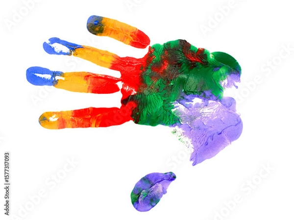 Fototapeta A vivid multicolor handprint made with finger paints, isolated on a transparent or black background. Ideal for education materials, child art concepts