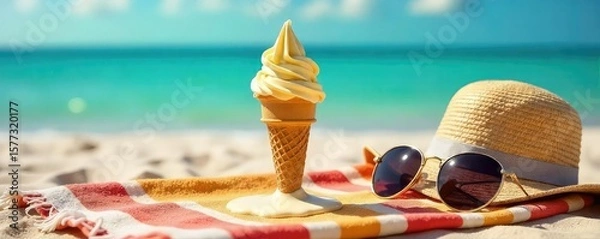 Fototapeta A melting ice cream cone drips down a sun-baked beach towel, next to a pair of sunglasses and a floppy hat The ultimate summer bummer, hilariously depicted!, humor, carefree, ocean