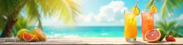 Fototapeta A refreshing summer scene featuring a vibrant tab, sunshine, and cool drinks Perfect for summer themes, travel, and relaxation Ideal for websites, blogs, and social media , tranquil, summer vibes