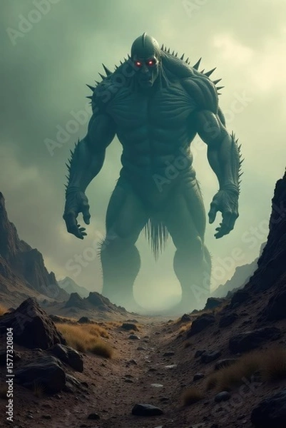 Fototapeta A shadowy, monstrous figure looms large, casting a long, menacing shadow over a desolate landscape; fear and dread emanate from its terrifying form , fear, suspense, dread