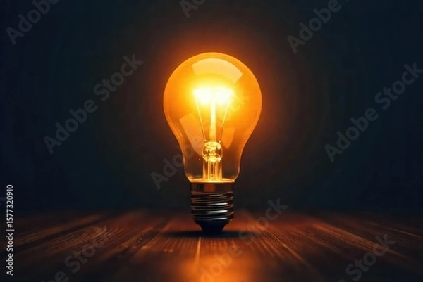 Fototapeta A single, bright lightbulb illuminates a dark room, casting a soft glow on surrounding objects, symbolizing inspiration and new ideas , inspiration, still life