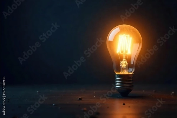 Fototapeta A single, bright lightbulb illuminates a dark room, casting a soft glow on surrounding objects, symbolizing inspiration and new ideas , filament, inspiration, still life