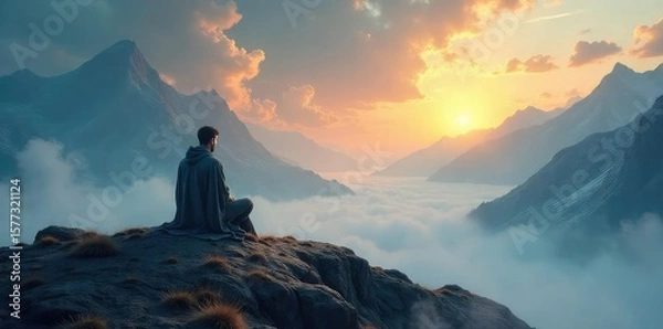Fototapeta A solitary figure sits amidst a vast, ethereal landscape, contemplating life's mysteries A sense of peaceful solitude pervades the scene, hinting at a deep spiritual journey , tranquility, enigma