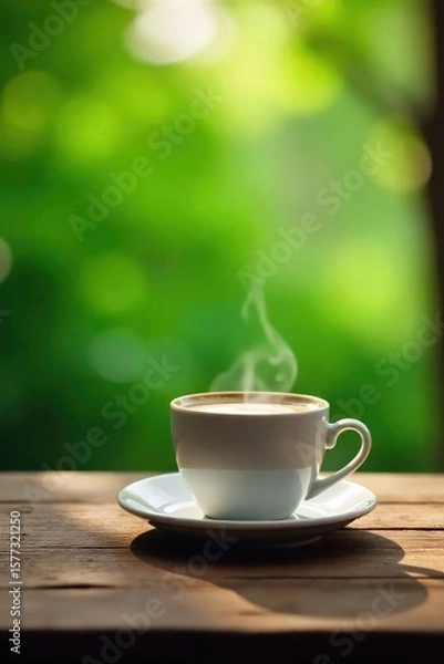 Fototapeta A steaming cup of coffee sits on a rustic wooden table against a blurred background of lush greenery, perfect for a relaxing atmosphere , coffee, plants, cup