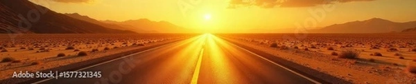 Fototapeta A sun-drenched golden highway stretches into the distance, shimmering under the heat Asphalt, desert landscape, endless journey, adventure awaits, open road freedom , travel, rays