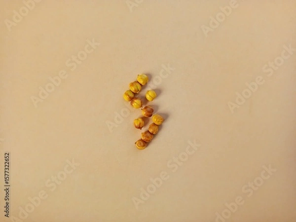 Fototapeta A scattered arrangement of small, golden-yellow gourds, or roasted chickpeas on a plain beige background, suitable for seasonal or decorative designs.