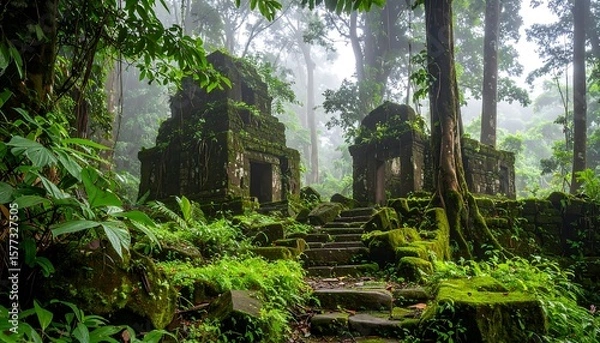 Obraz Ancient ruins shrouded in misty jungle