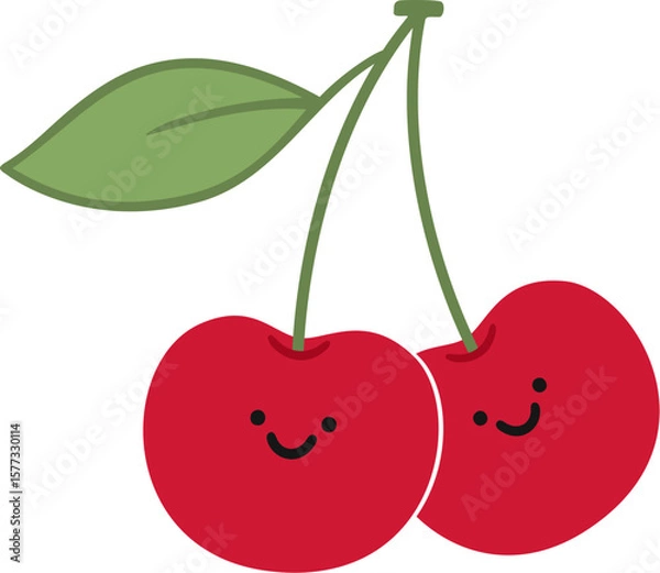 Obraz Cute smiley two red cherries with leaf cartoon vector