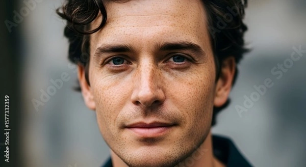 Fototapeta Close-up portrait of a young man with expressive eyes and a thoughtful expression.
