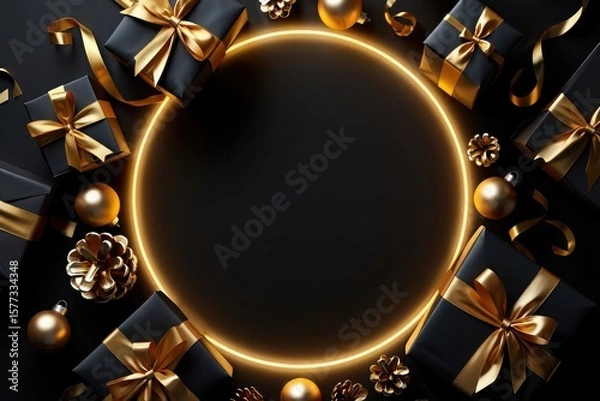 Obraz Black gift boxes with gold ribbons and ornaments around a glowing golden circle on black