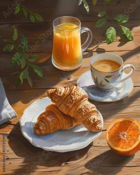 Fototapeta Morning sunlight falls on a wooden table with croissants, espresso, and orange juice. A half-cut orange adds freshness, while green leaves create a calm natural ambiance