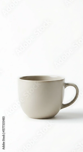 Fototapeta Minimalist studio shot of an empty, clean grey ceramic mug with a handle, isolated on a pristine white background, emphasizing simplicity and utility.
