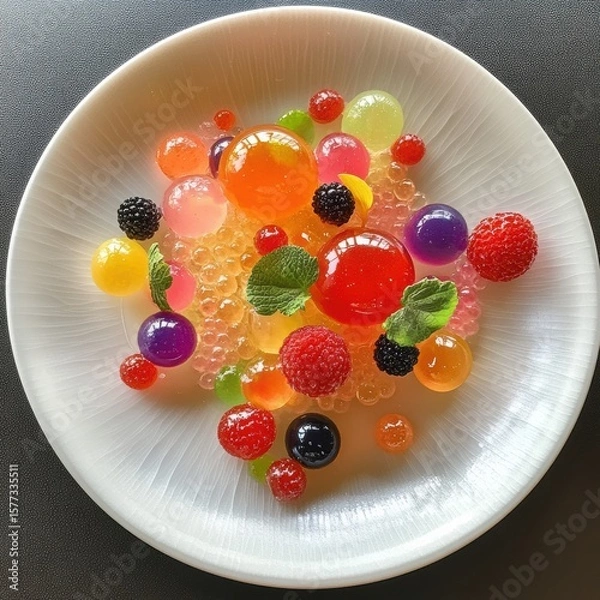 Fototapeta Assorted fruit spheres and juicy berries arranged on a white plate, featuring translucent gels and pearls. A modern take on molecular dessert with vibrant tones and a delicate composition