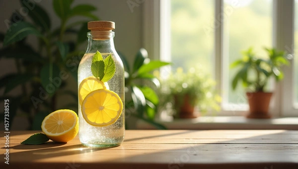Fototapeta A bottle of lemon and mint infused water sits on a wooden table in a sunny garden.