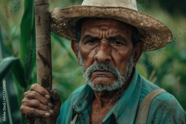 Fototapeta A weathered, serious older farmer with a straw hat and suspenders looks directly at the camera in a cornfield. His expression conveys experience and resilience