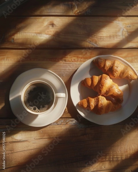Fototapeta Top view of a cup of black coffee and three golden croissants on a white plate, arranged on a wooden table with soft sunlight casting warm shadows across the scene