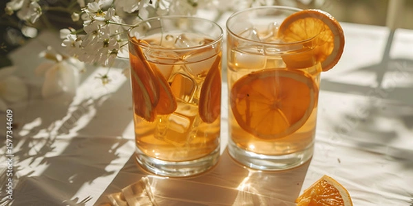 Fototapeta Orange Beverages with Slices and Ice in Sunlight on Table with Plants

