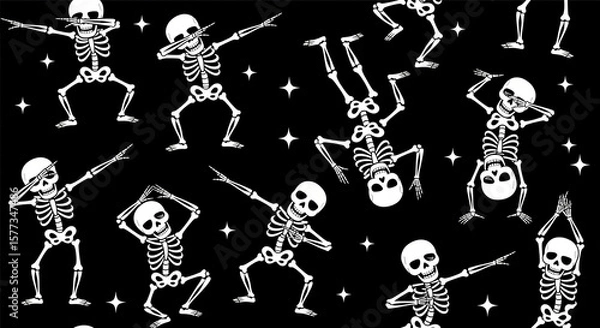 Obraz Black background white skeletons dance and dab among stars