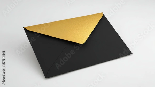 Fototapeta Black & Gold, a matte black envelope with a blank gold foil card, on a clean white background. 3d illustration.