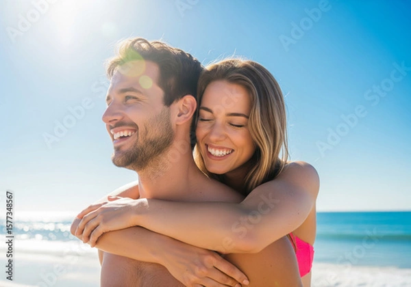 Obraz Smiling couple woman hugging man from behind on a sunny beach