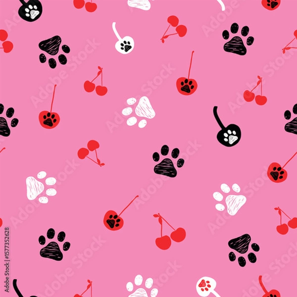 Fototapeta Red cherries and paw prints seamless with pink background pattern