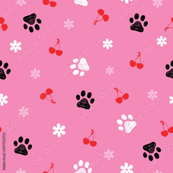 Fototapeta Red cherries and paw prints seamless with pink background pattern