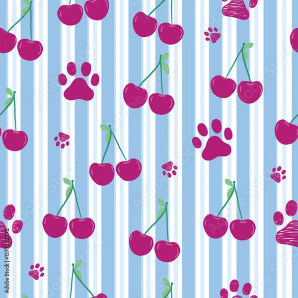 Fototapeta Blue stripes and white stripe pattern cherries and paw prints pattern
