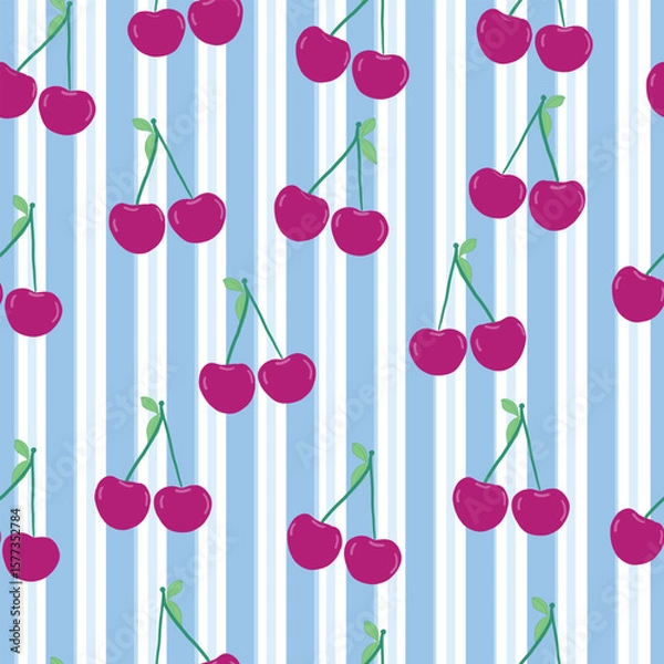 Fototapeta Blue stripes and white stripe pattern cherries pattern