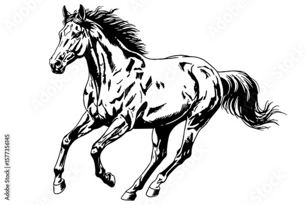 Fototapeta Galloping Horse Ink Drawing isolated on transparent background. Engrave Vector illustration for lunar new year 2026 design - year of the horse zodiac symbol