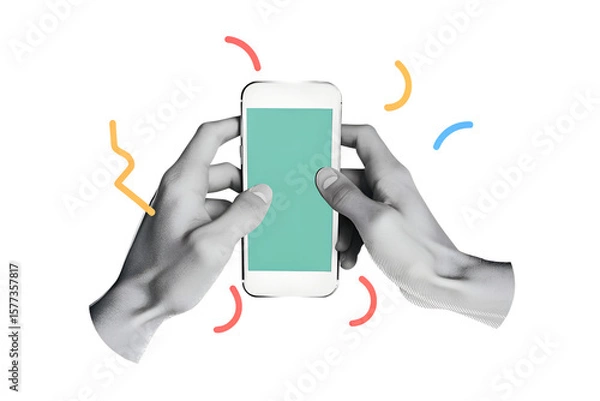 Fototapeta Black and white hands in a white shirt holding a phone with a empty screen. Illustration on transparent background in a modern collage style