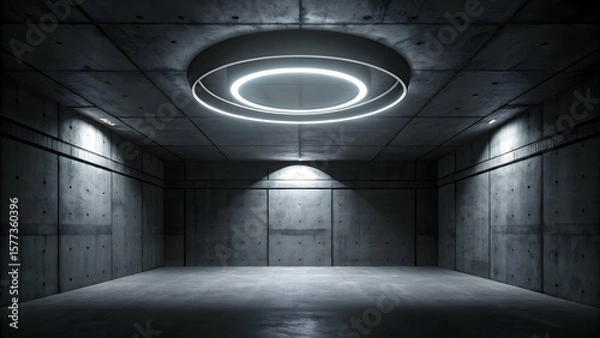 Fototapeta Futuristic Concrete Room with Circular Ceiling Light and Stark Shadows