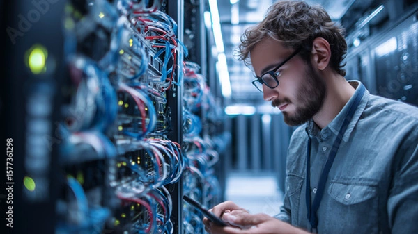 Obraz Technician Checking Network Servers in Data Center With Fiber Optics
