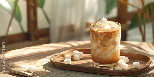 Fototapeta Coffee with Milk Foam and Marshmallows on Wooden Tray by Window

