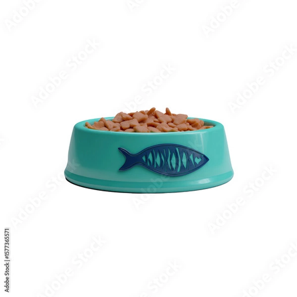 Fototapeta A turquoise pet bowl with a dark blue fishbone illustration on the side holds a generous amount of tan-colored, fish-shaped kibble, transparent background