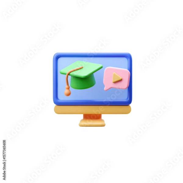 Fototapeta Cartoon-like monitor displays a light blue screen, which features a green graduation cap hovering in the center. To the side, a pink speech bubble contains a peach play icon, transparent background